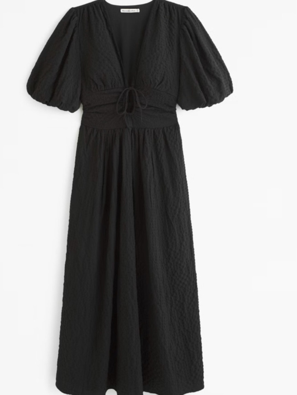 Abercrombie & Fitch Black Maxi Dress with Puff Sleeves and Waist Tie